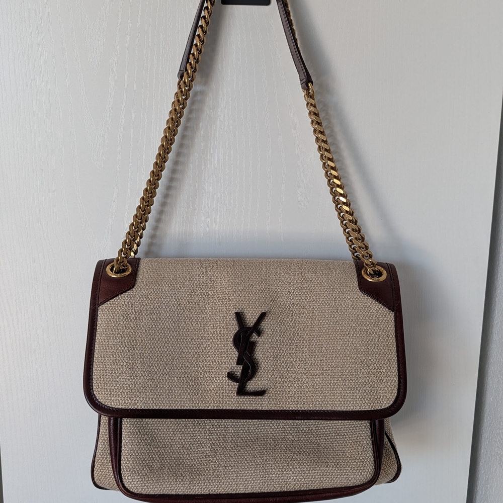 Yves Saint Laurent Beige Canvas Shoulder Bag with Brown Trim and Gold Chain